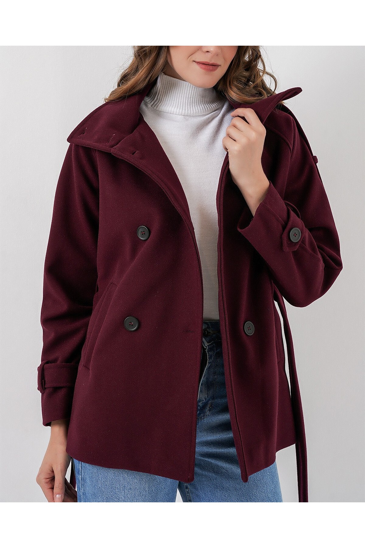 Kadın Kuşaklı Kaşe Kaban 9162 - Bordo