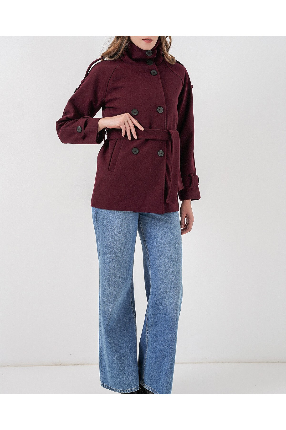 Kadın Kuşaklı Kaşe Kaban 9162 - Bordo