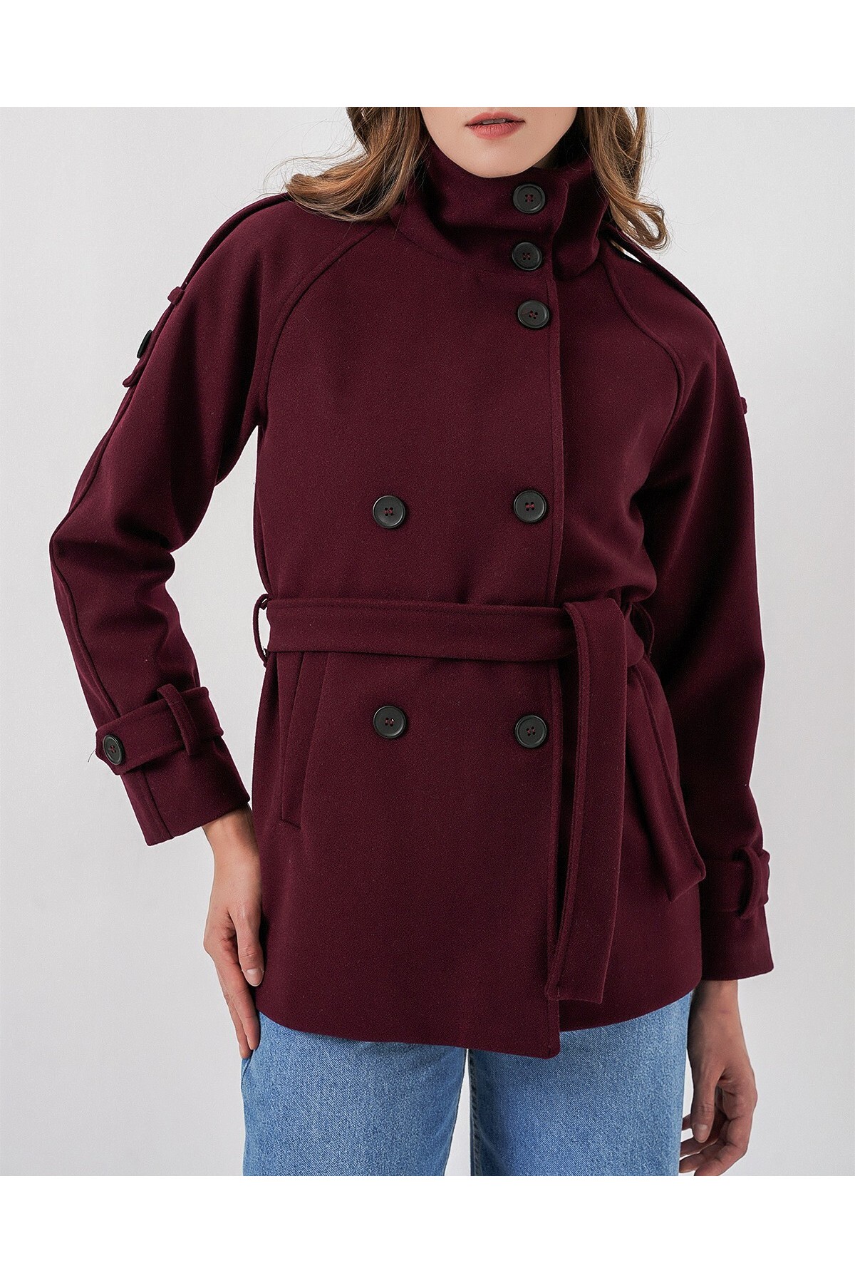 Kadın Kuşaklı Kaşe Kaban 9162 - Bordo