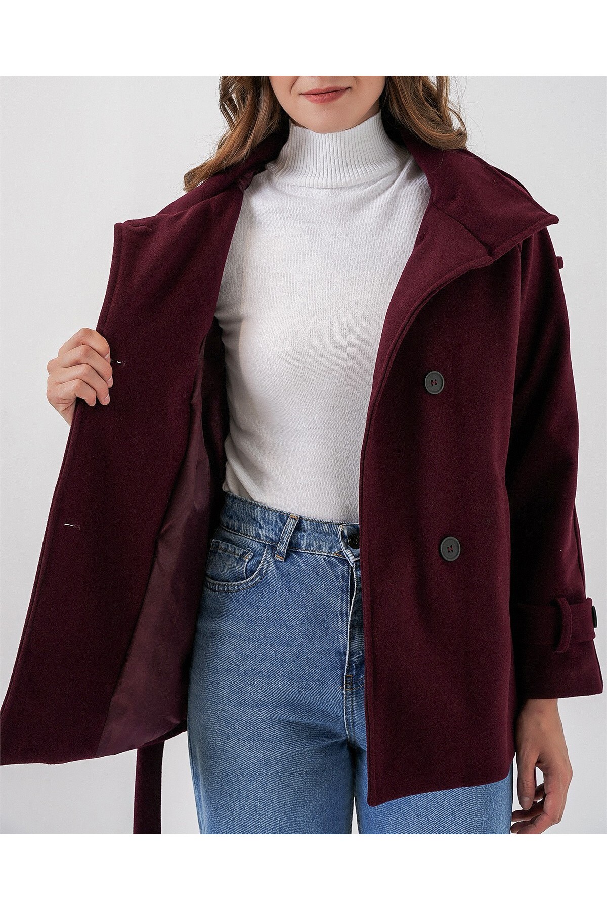 Kadın Kuşaklı Kaşe Kaban 9162 - Bordo
