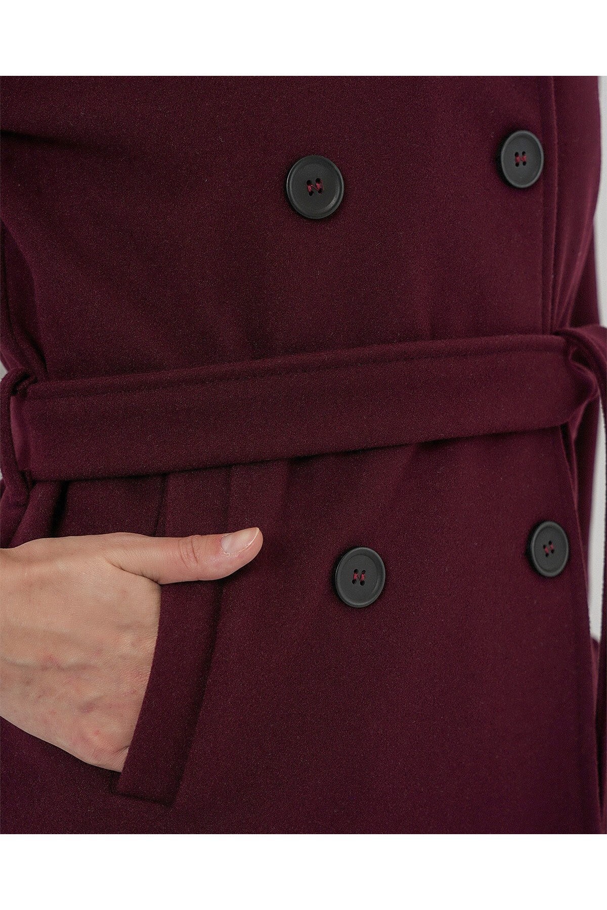 Kadın Kuşaklı Kaşe Kaban 9162 - Bordo