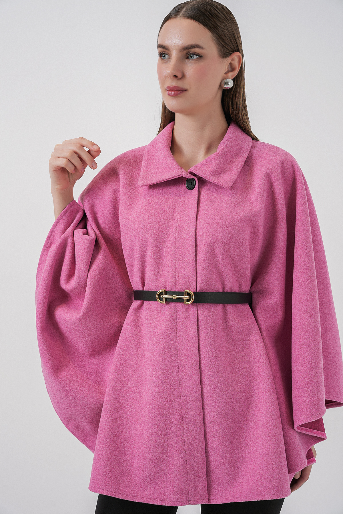 Kadın Kemerli Kaşe Panço 9170 - Pembe