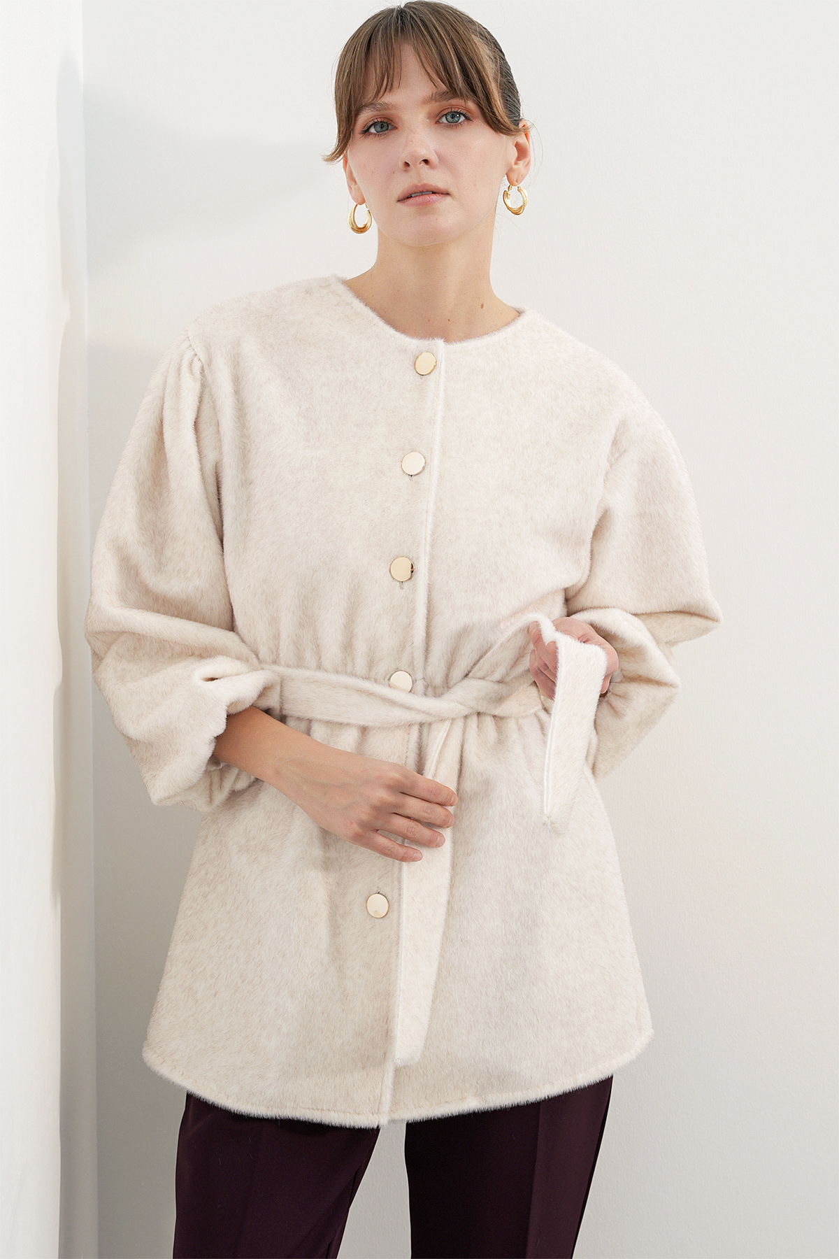 Women's Belted Fox Fabric Coat 9173 