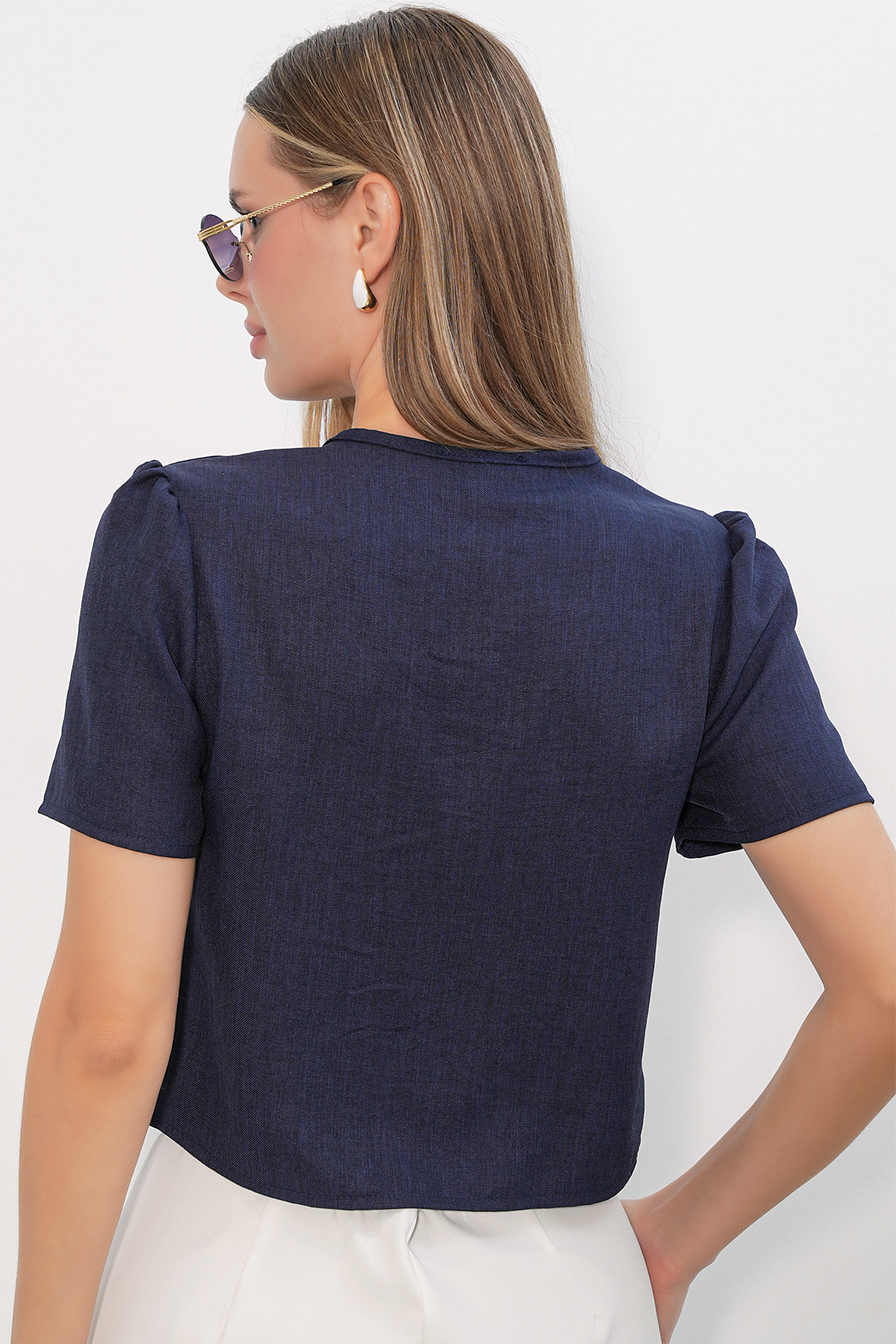 Kadın Kısa Kol Crop Bluz 958 - Lacivert
