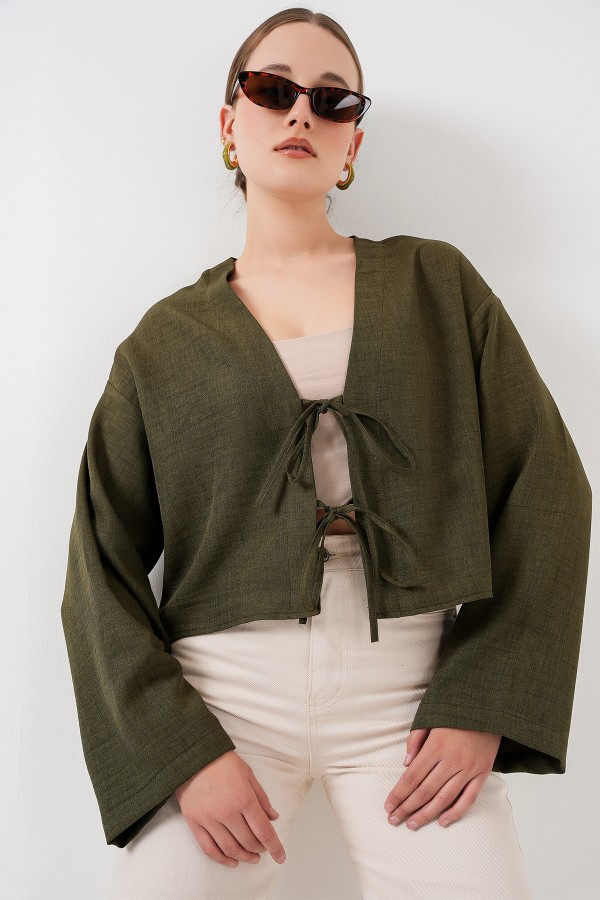 Önü Bağlamalı Keten Kimono 960 - Haki