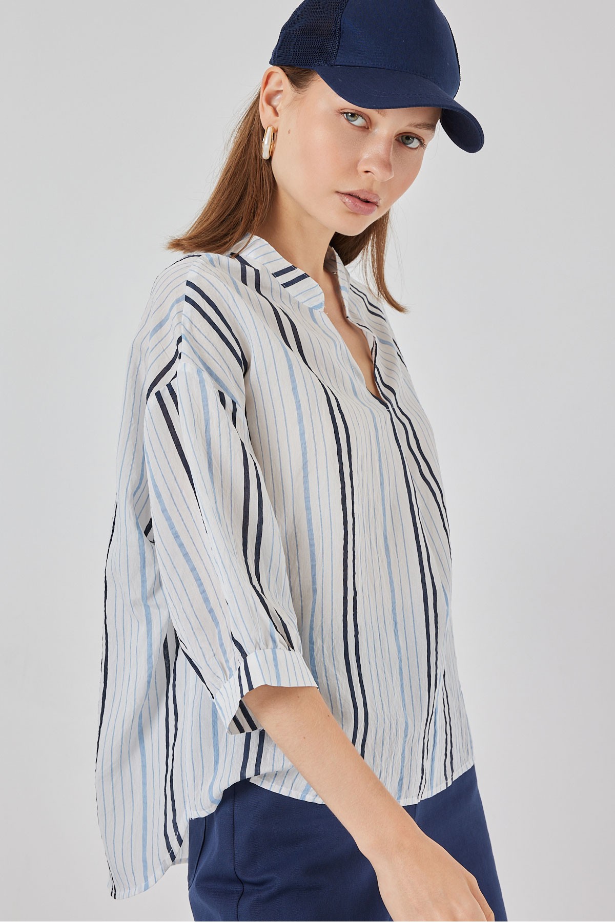 Kadın Çizgili Oversize Bluz 967 - Açık Mavi