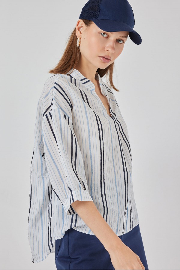 Kadın Çizgili Oversize Bluz 967 - Açık Mavi