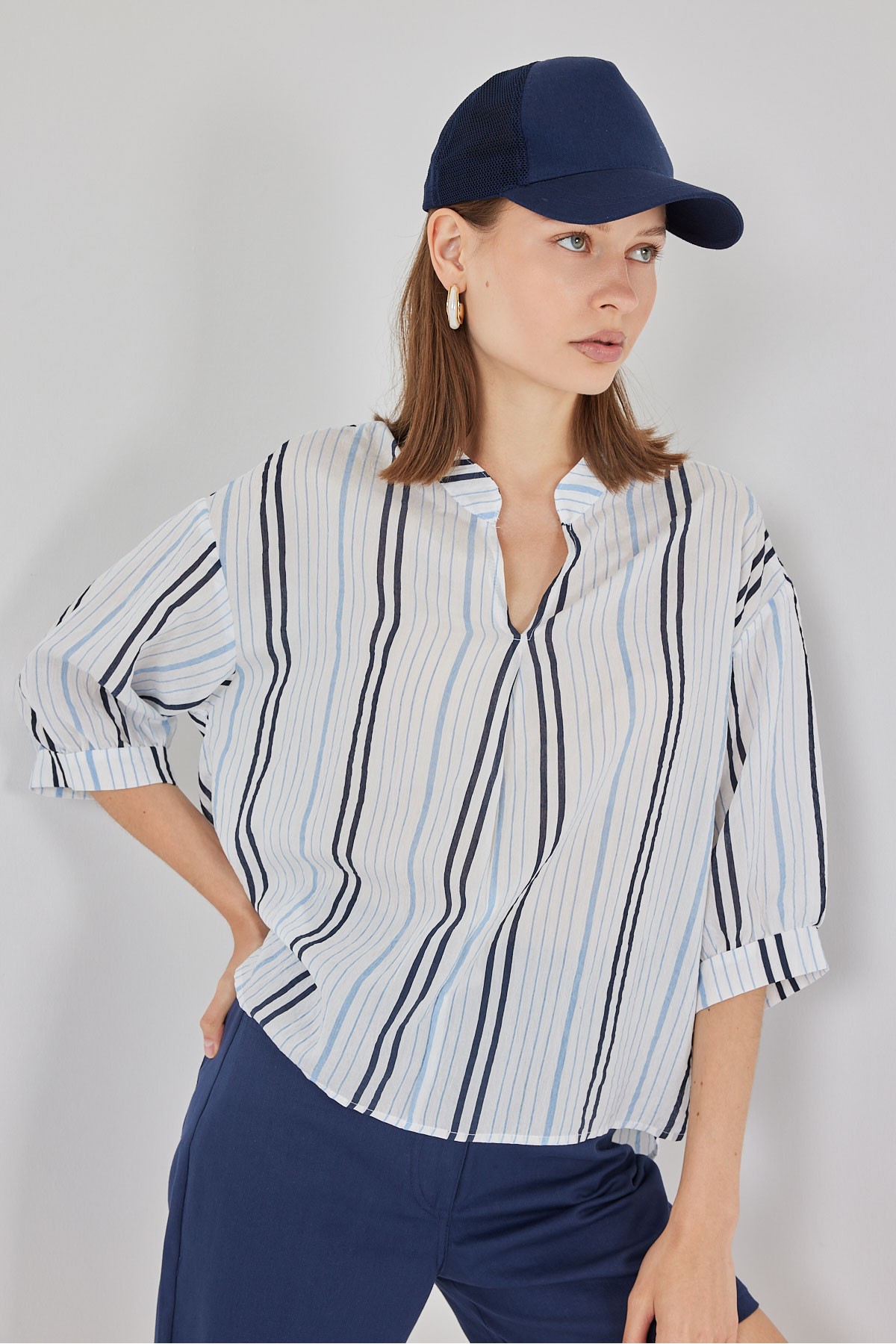 Kadın Çizgili Oversize Bluz 967 - Açık Mavi