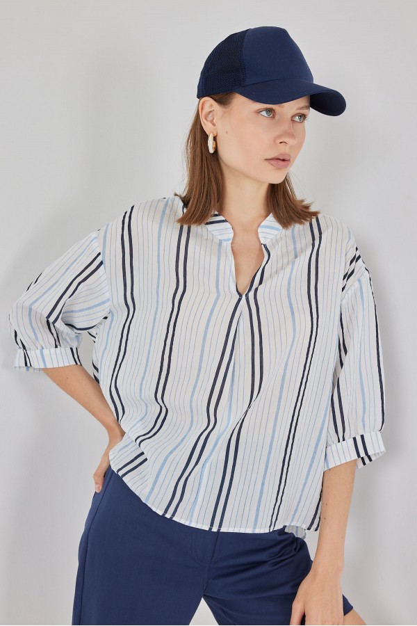 Kadın Çizgili Oversize Bluz 967 - Açık Mavi