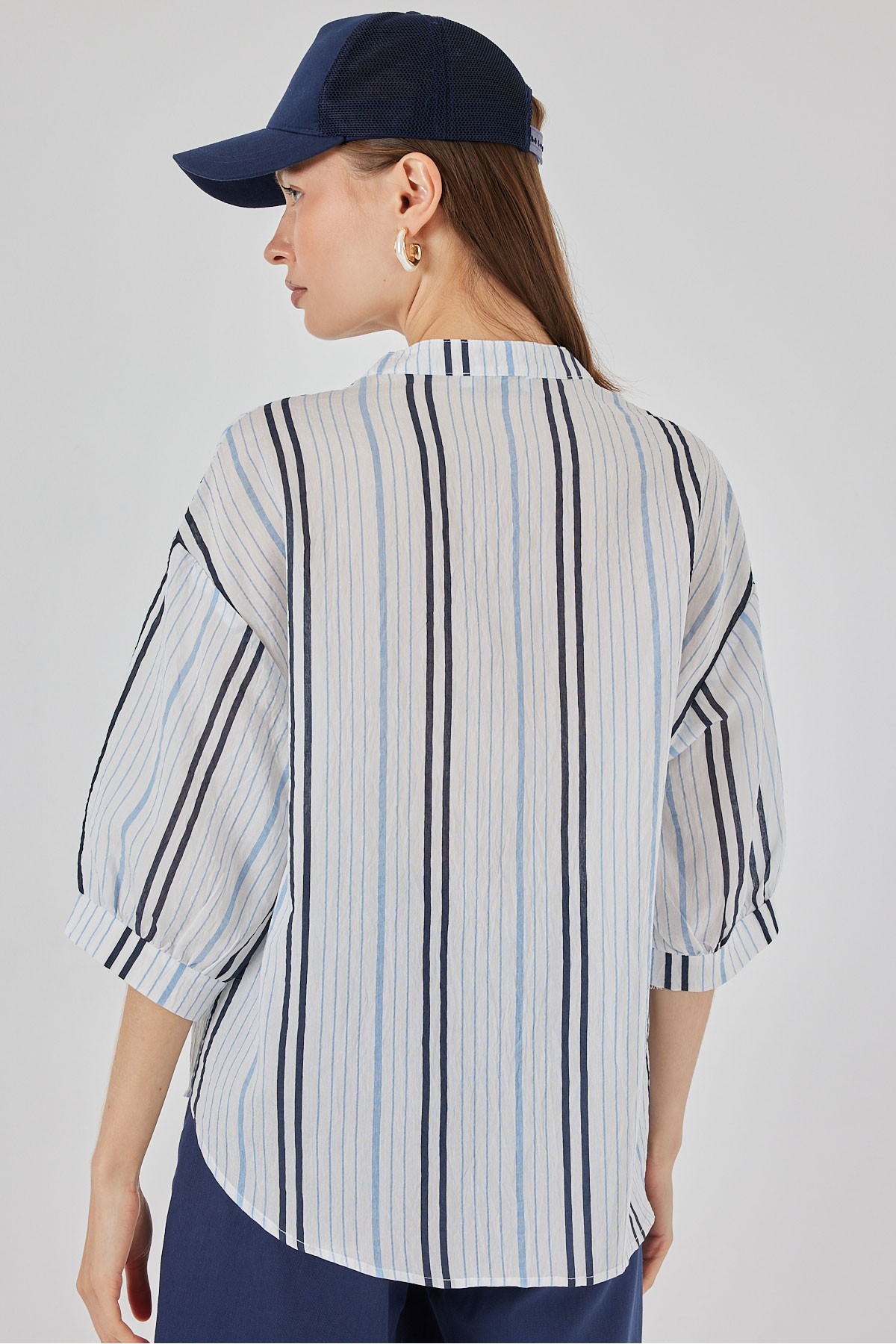 Kadın Çizgili Oversize Bluz 967 - Açık Mavi