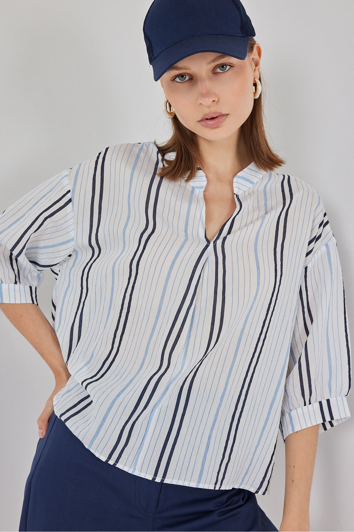 Kadın Çizgili Oversize Bluz 967 - Açık Mavi