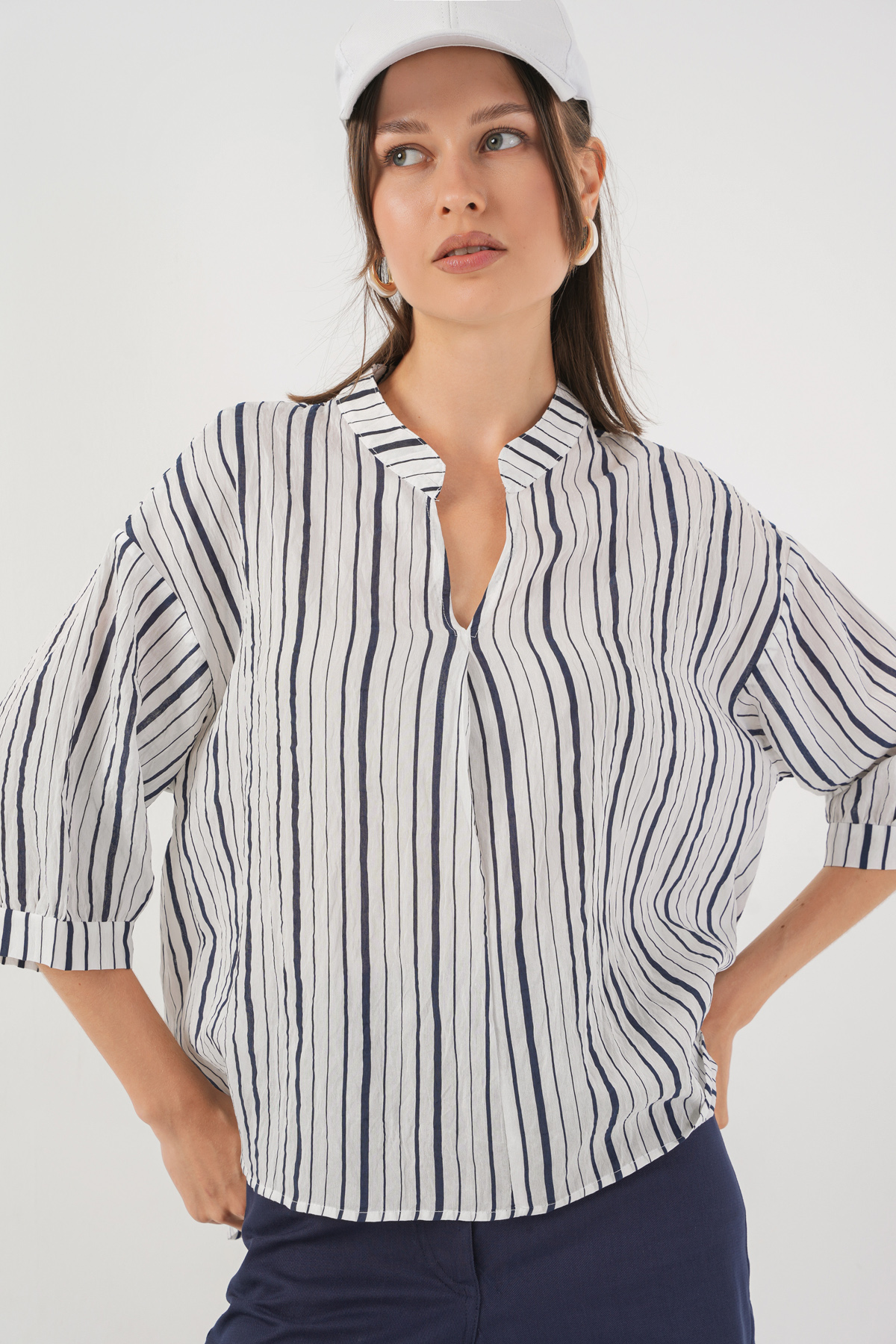 Kadın Çizgili Oversize Bluz 967 - F.Lacivert