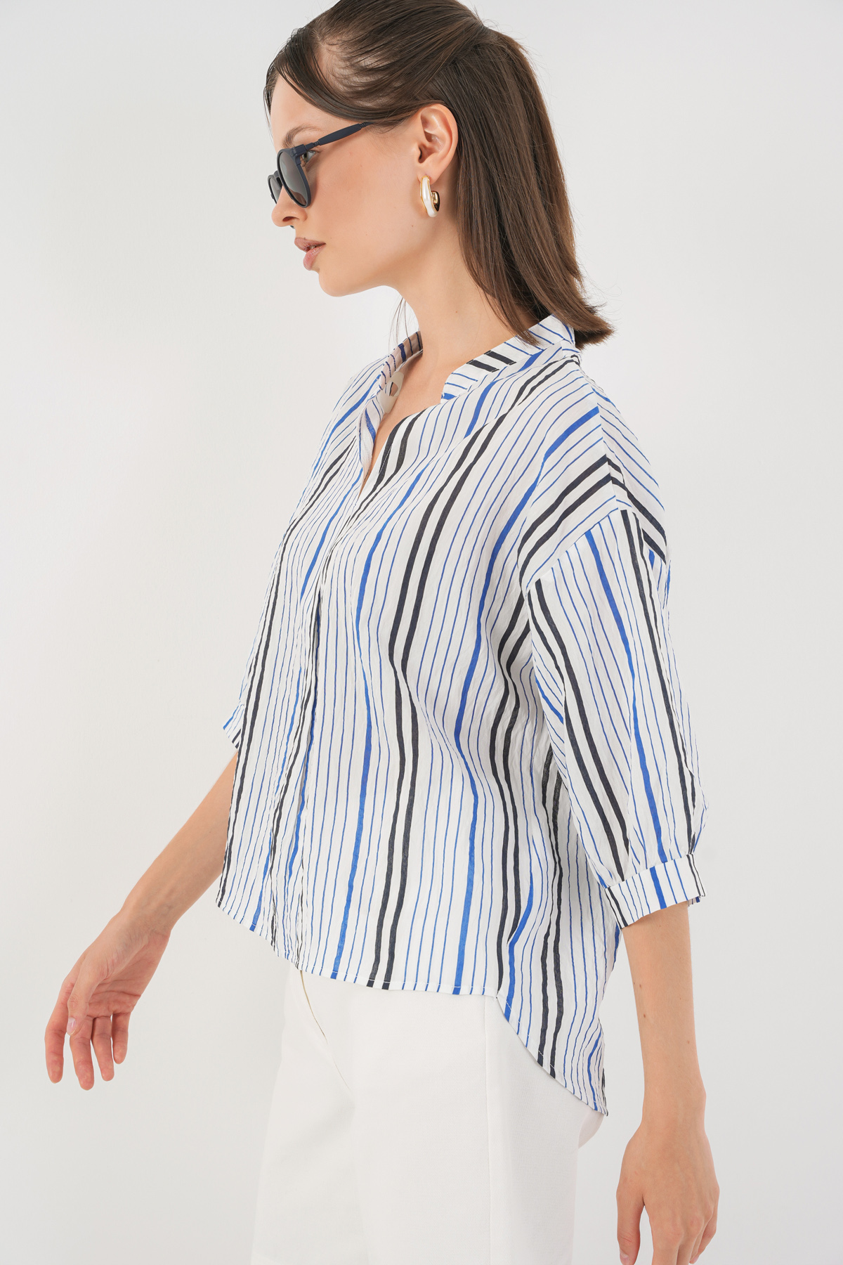 Kadın Çizgili Oversize Bluz 967 - Lacivert