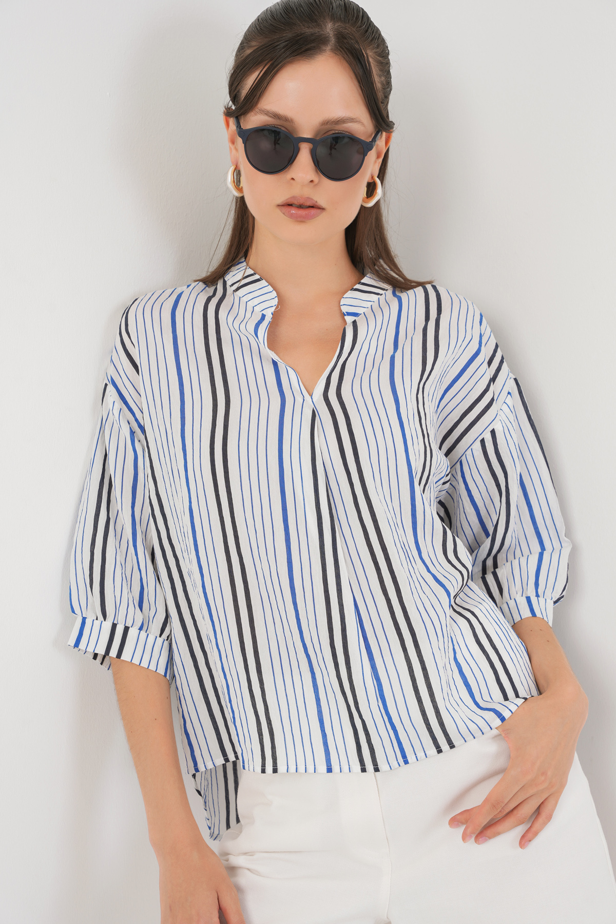 Kadın Çizgili Oversize Bluz 967 - Lacivert