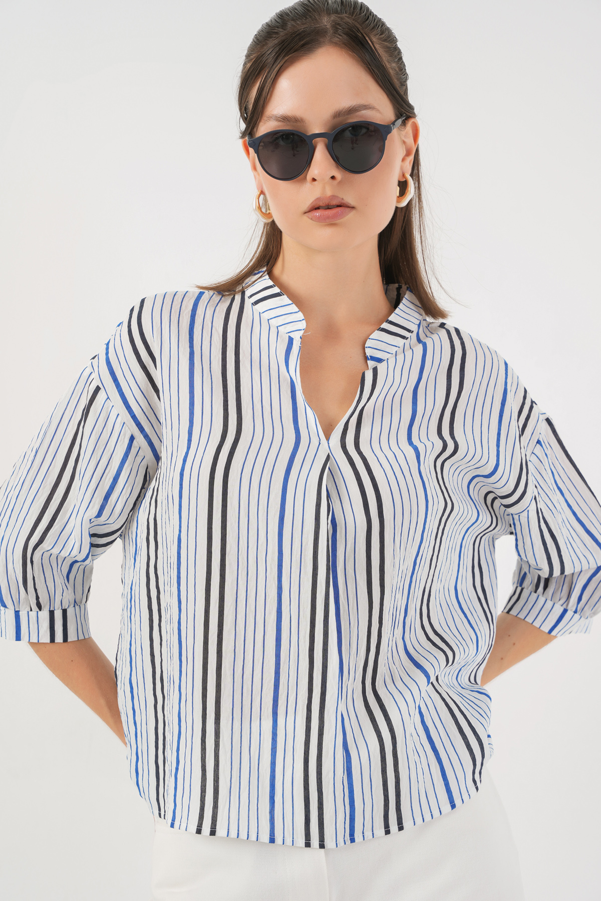 Kadın Çizgili Oversize Bluz 967 - Lacivert