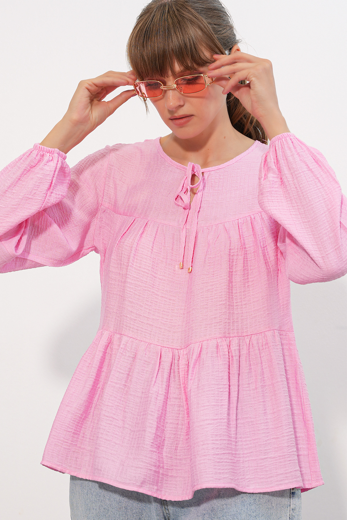 Kadın Uzun Kol Dokulu Bluz 998 - Pembe