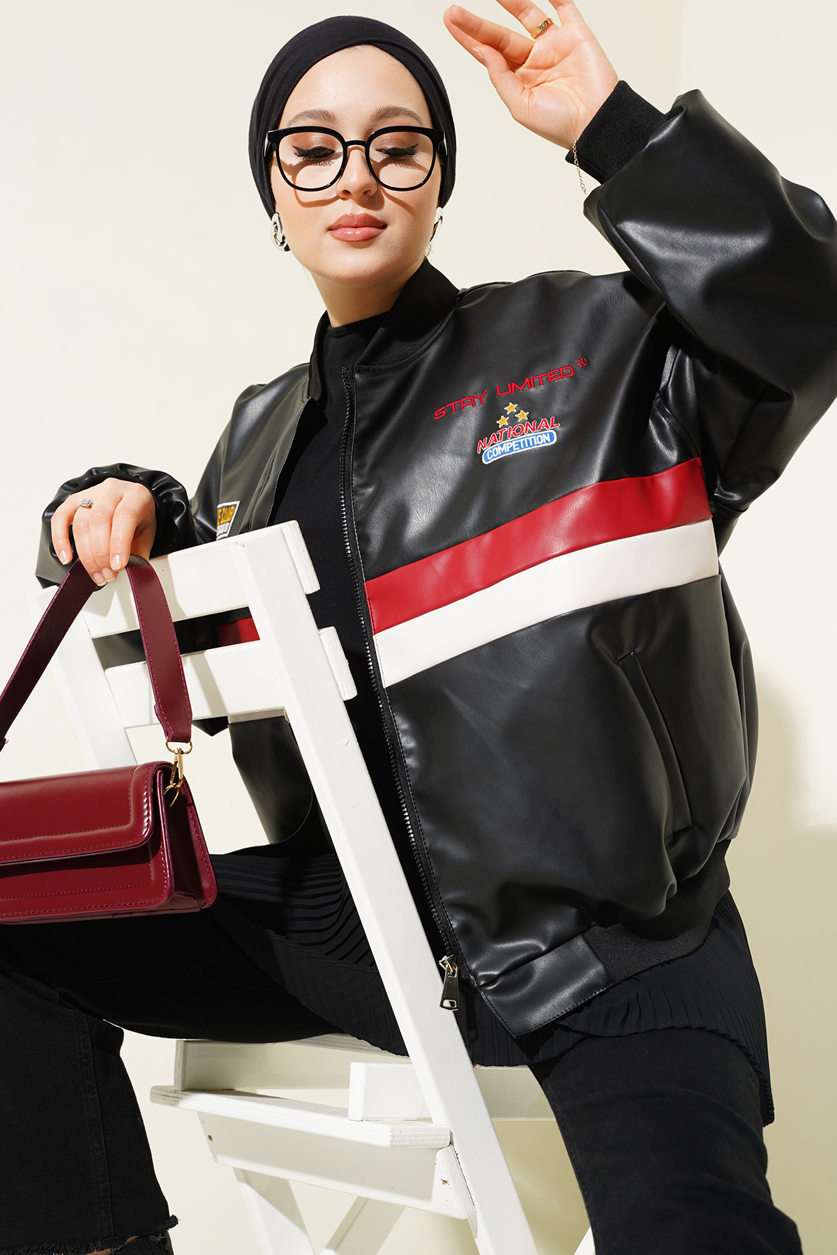 T0698 Printed Faux Leather Bomber Jacket 