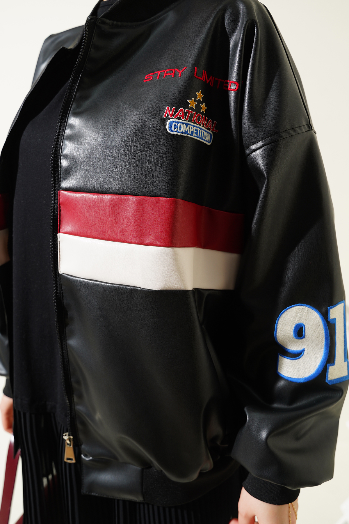 T0698 Printed Faux Leather Bomber Jacket 