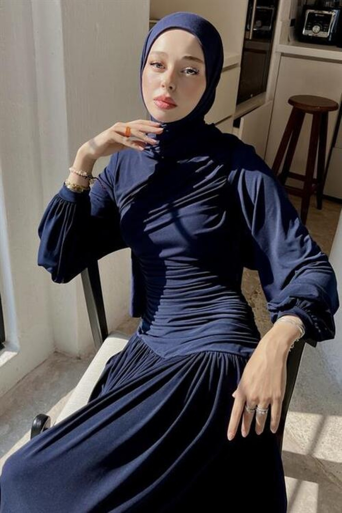 Drape Detaylı Sandy Elbise Lacivert