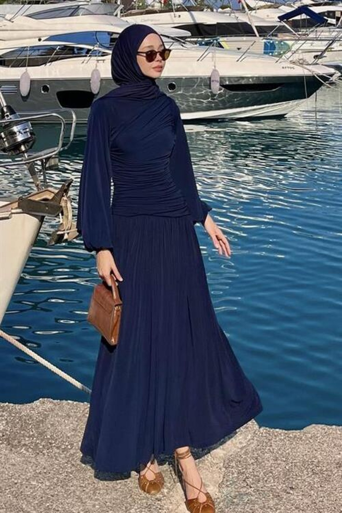 Drape Detaylı Sandy Elbise Lacivert