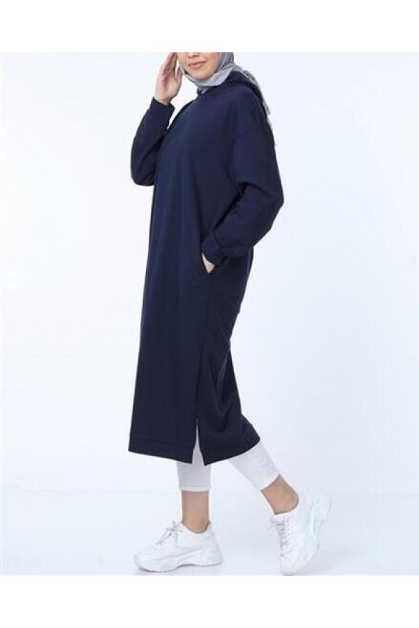 Atlas Kapşonlu Uzun Sade Basic Sweatshirt 