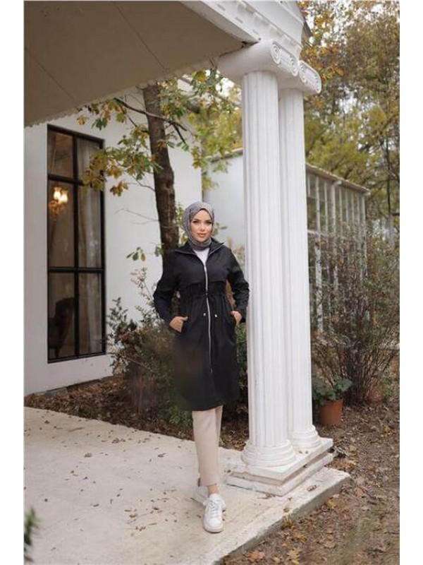 Fermuarlı İki Yan Cepli Belden Bağcıklı Uzun Trençkot 