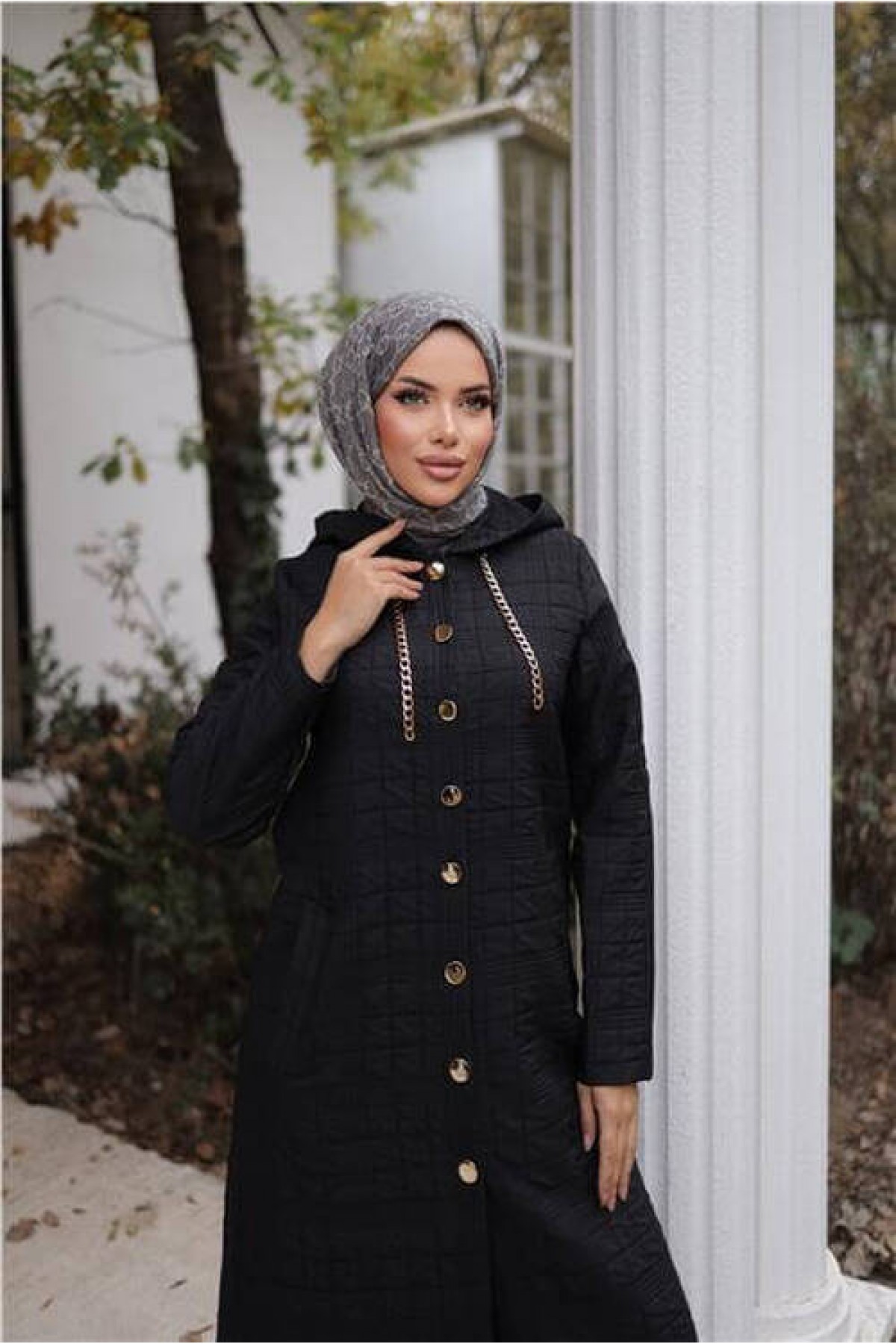 Kapşonlu Çıtçıtlı İki Yan Cepli Uzun Kap 