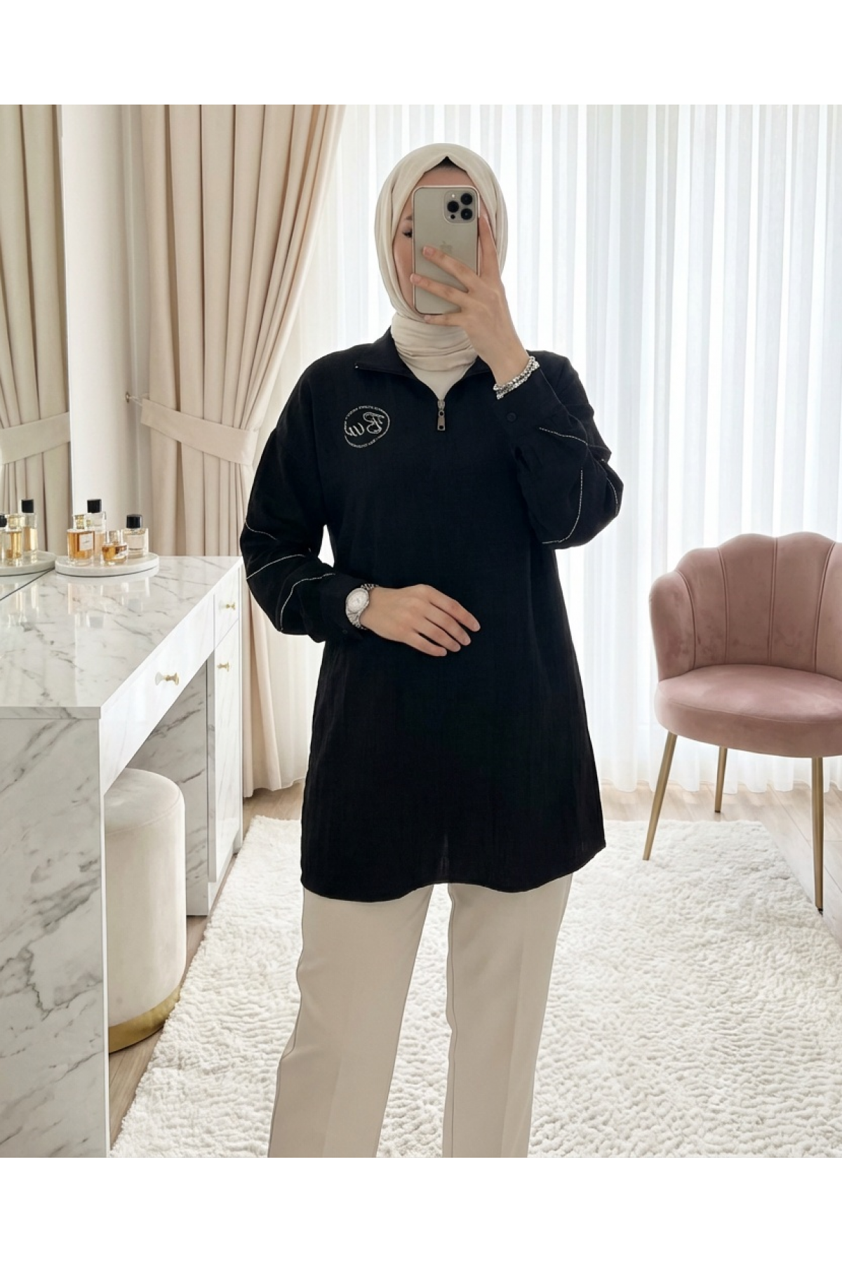 Half-Zip Collar Tunic with Logo Print