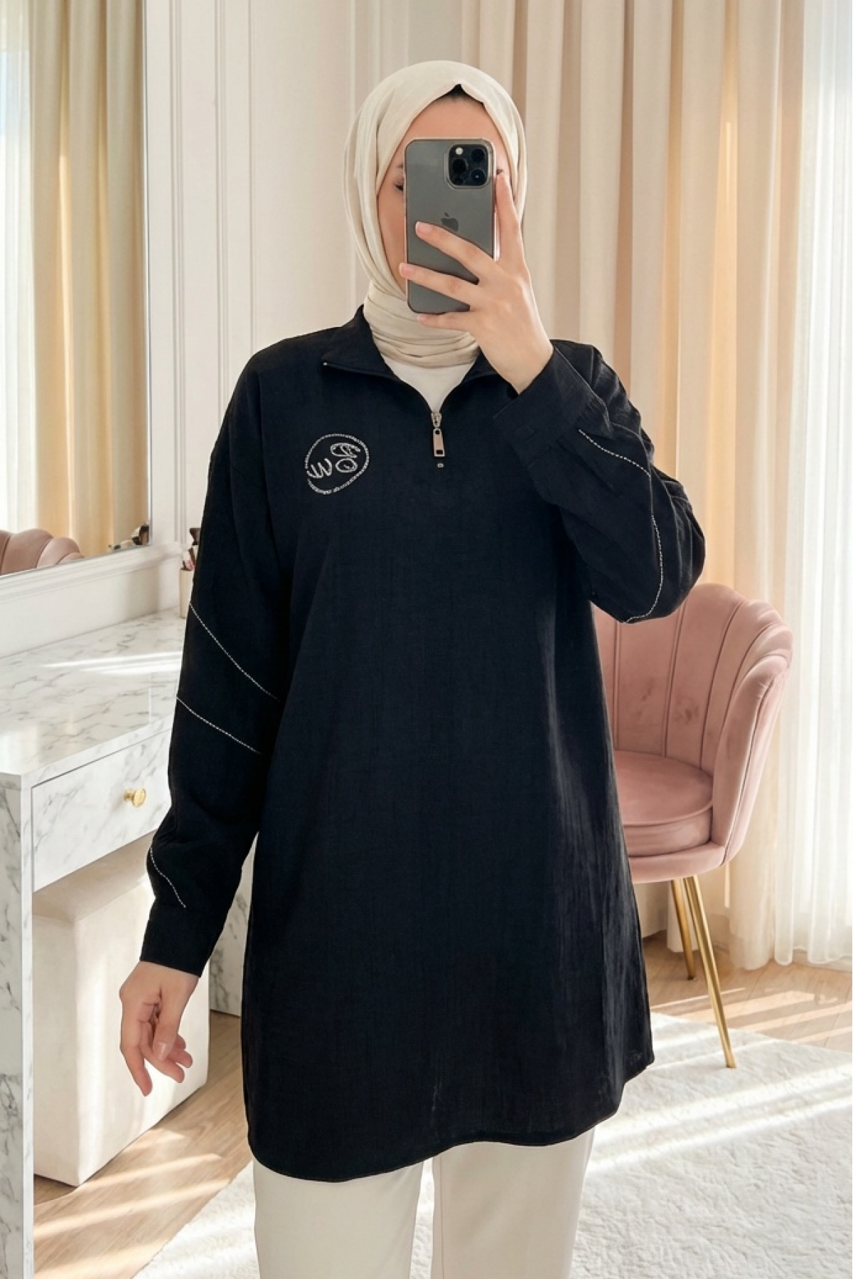 Half-Zip Collar Tunic with Logo Print