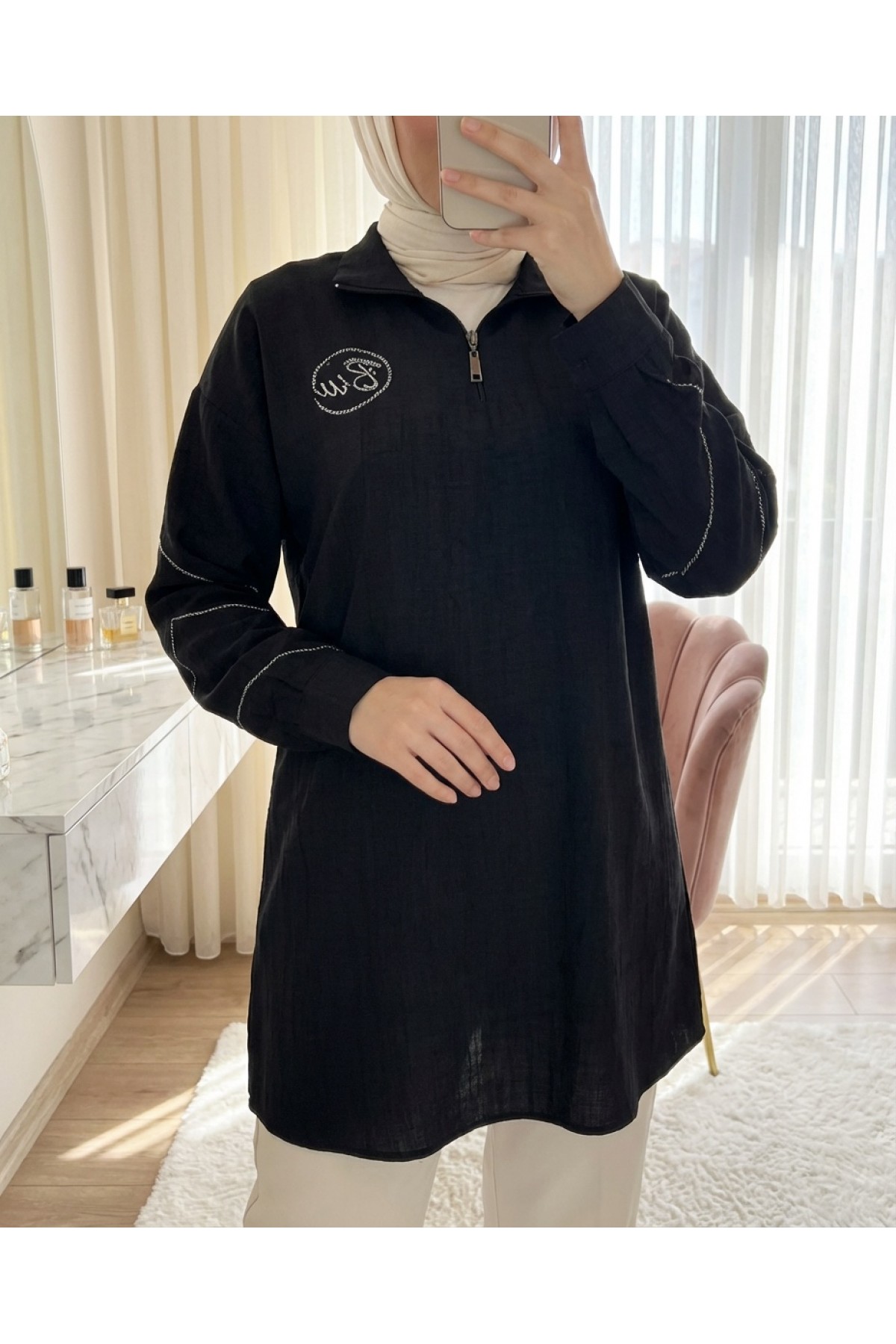 Half-Zip Collar Tunic with Logo Print