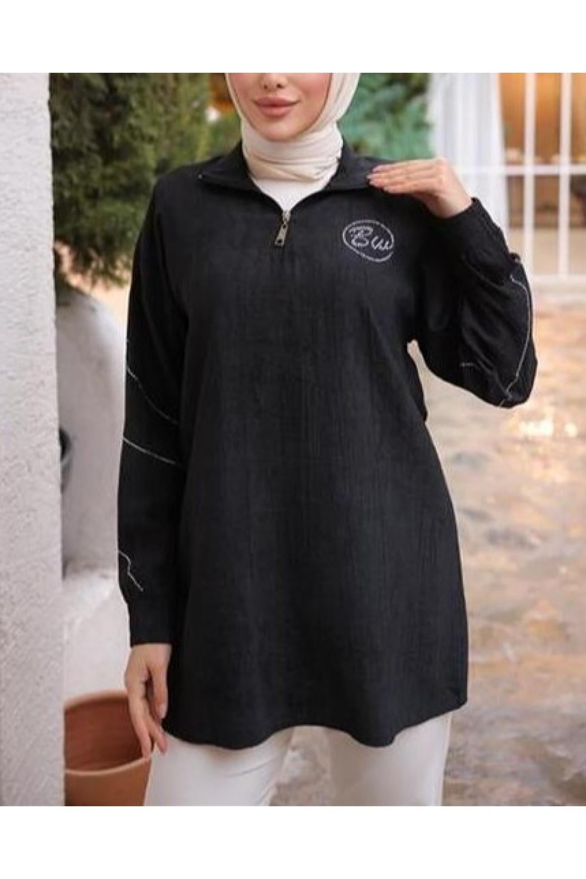 Half-Zip Collar Tunic with Logo Print