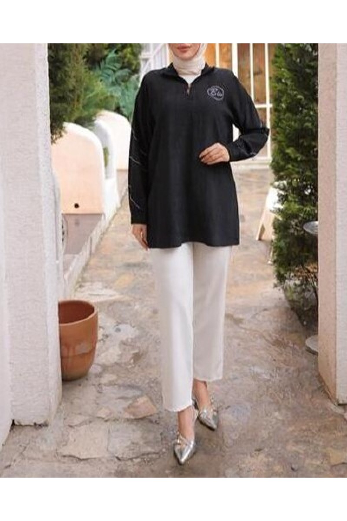 Half-Zip Collar Tunic with Logo Print