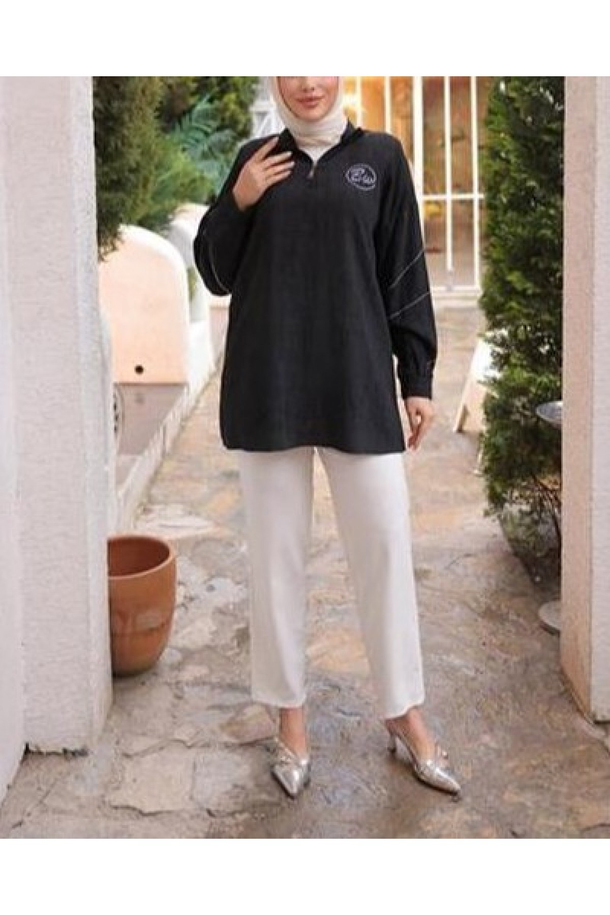 Half-Zip Collar Tunic with Logo Print