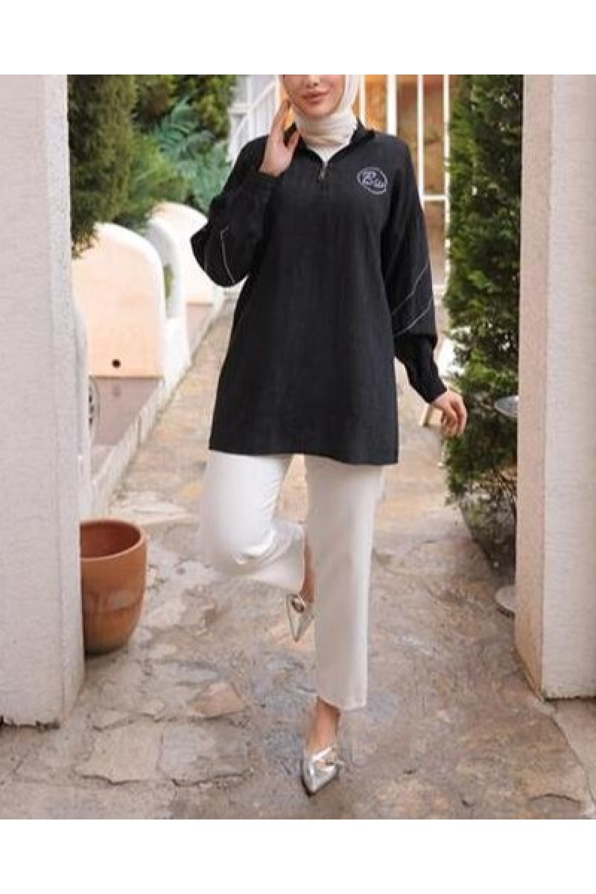 Half-Zip Collar Tunic with Logo Print