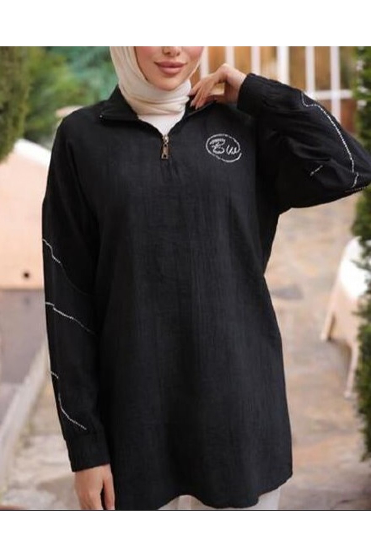 Half-Zip Collar Tunic with Logo Print