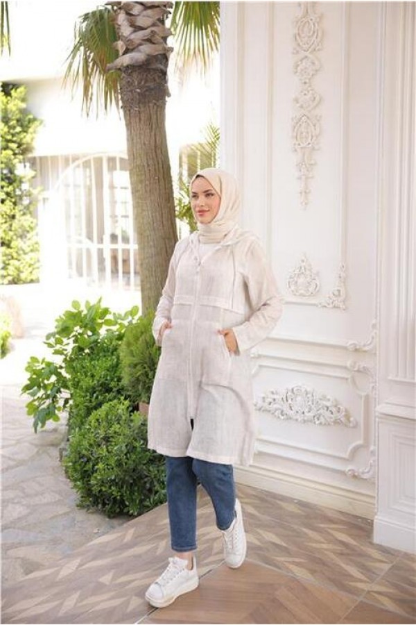 Fermuarlı Kapşonlu Cepli Uzun Kollu Kap 