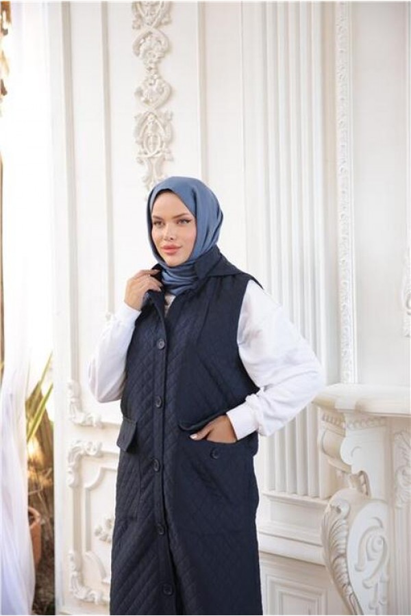 Kapşonlu Düğmeli Kolsuz Cepli Kapitone Uzun Yelek 