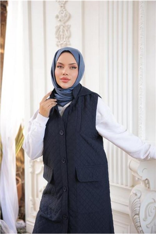 Kapşonlu Düğmeli Kolsuz Cepli Kapitone Uzun Yelek 