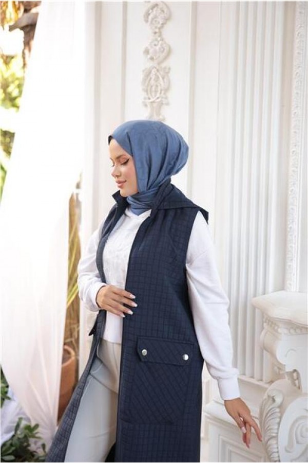 Kapşonlu Fermuarlı Cepli Kolsuz Önden Cepli Kapitone Uzun Yelek 