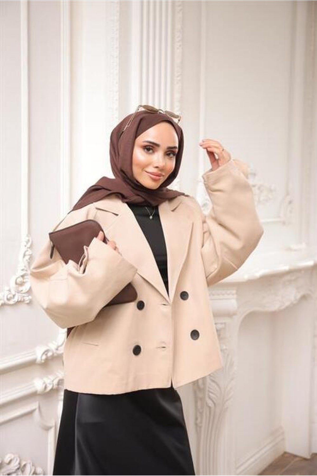 Kruvaze Ceket Yaka Cepli Kısa Trençkot 