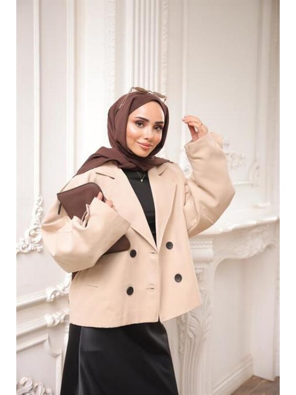 Kruvaze Ceket Yaka Cepli Kısa Trençkot 