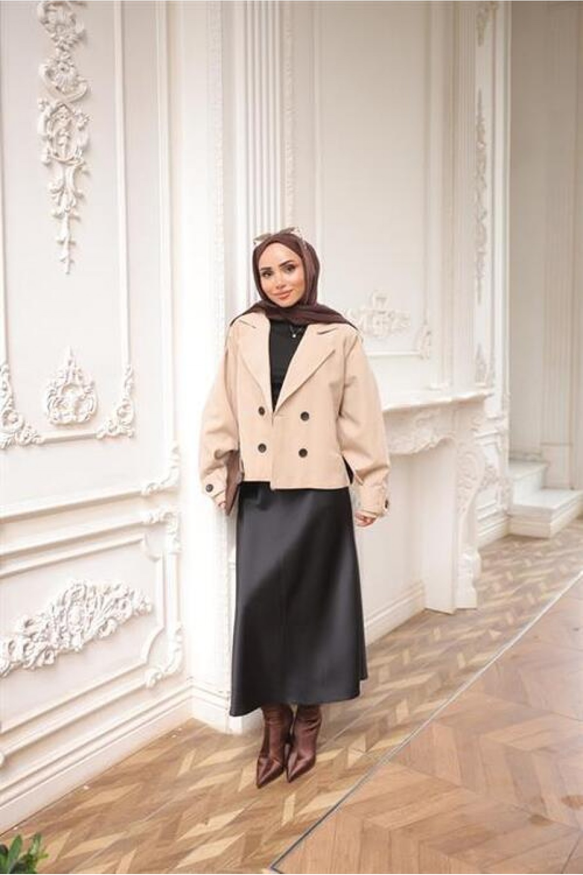 Kruvaze Ceket Yaka Cepli Kısa Trençkot 