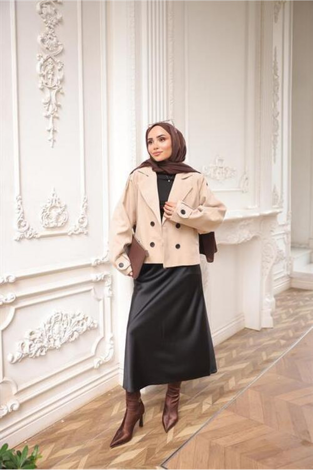 Kruvaze Ceket Yaka Cepli Kısa Trençkot 