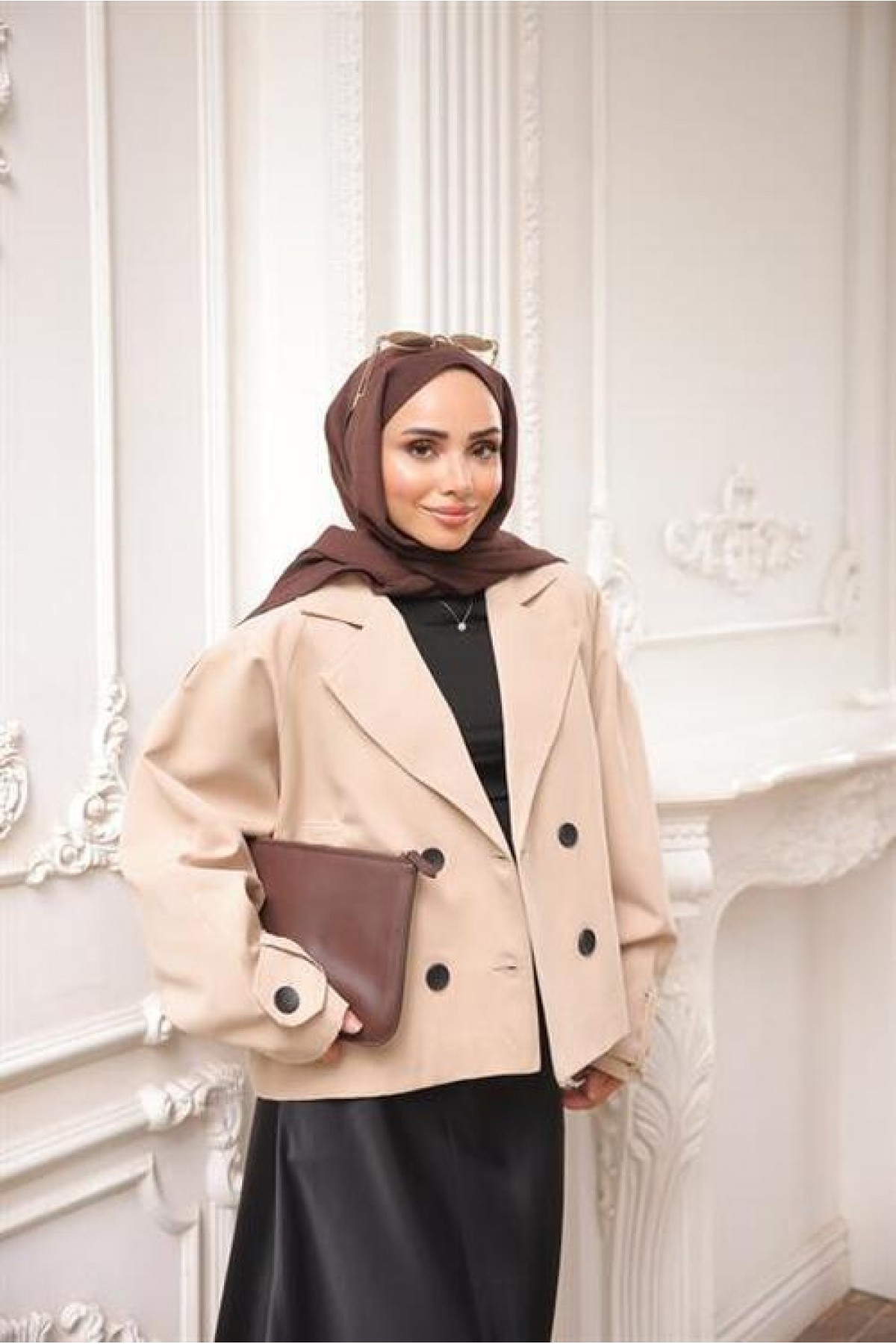 Kruvaze Ceket Yaka Cepli Kısa Trençkot 