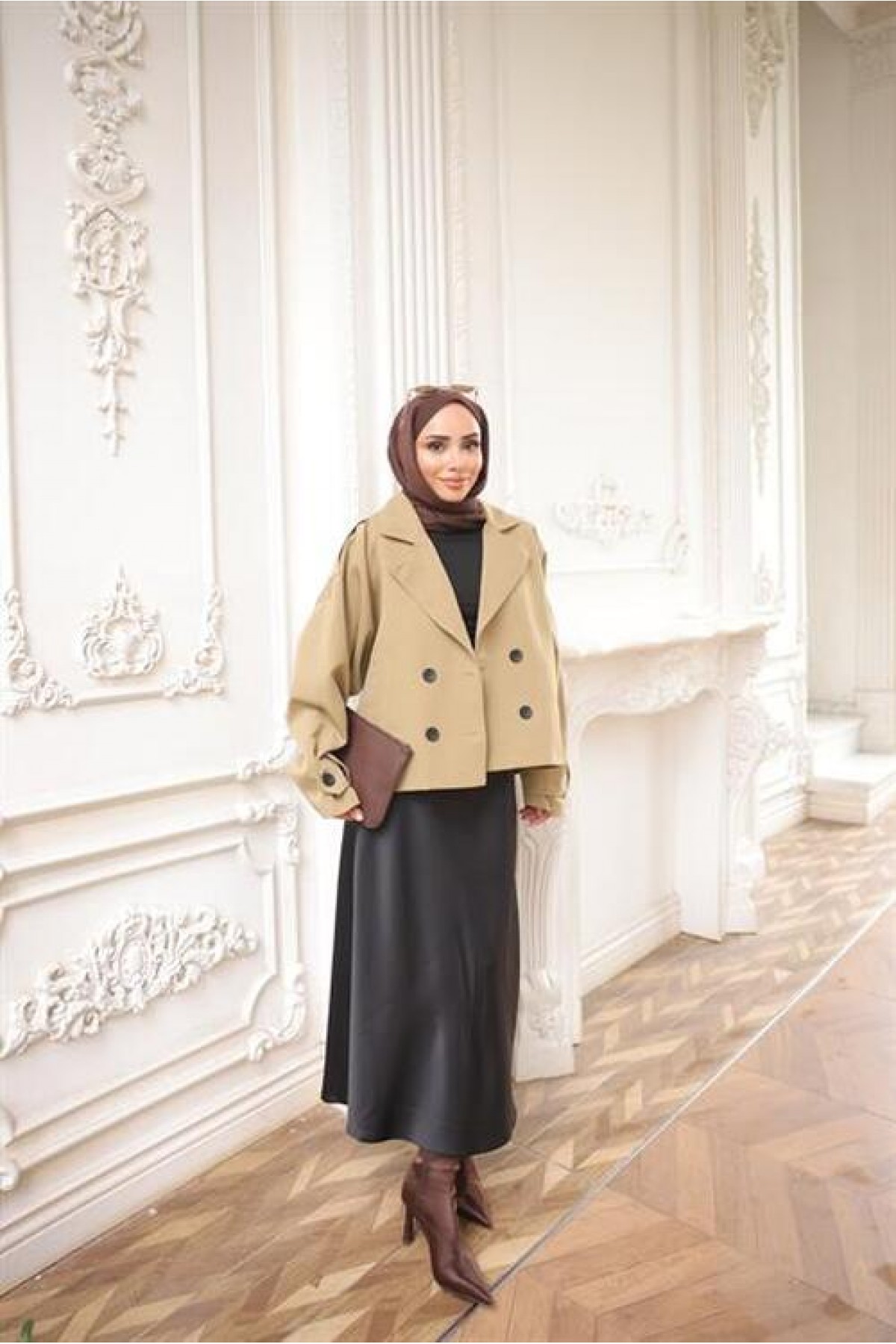 Kruvaze Ceket Yaka Cepli Kısa Trençkot 