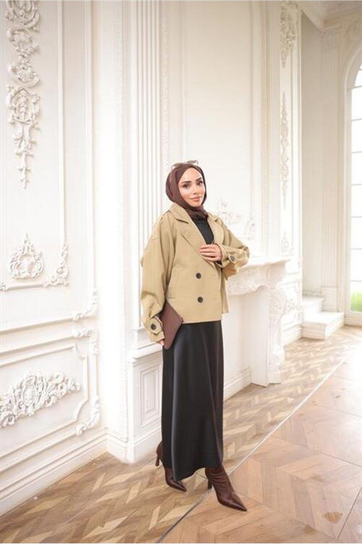 Kruvaze Ceket Yaka Cepli Kısa Trençkot 