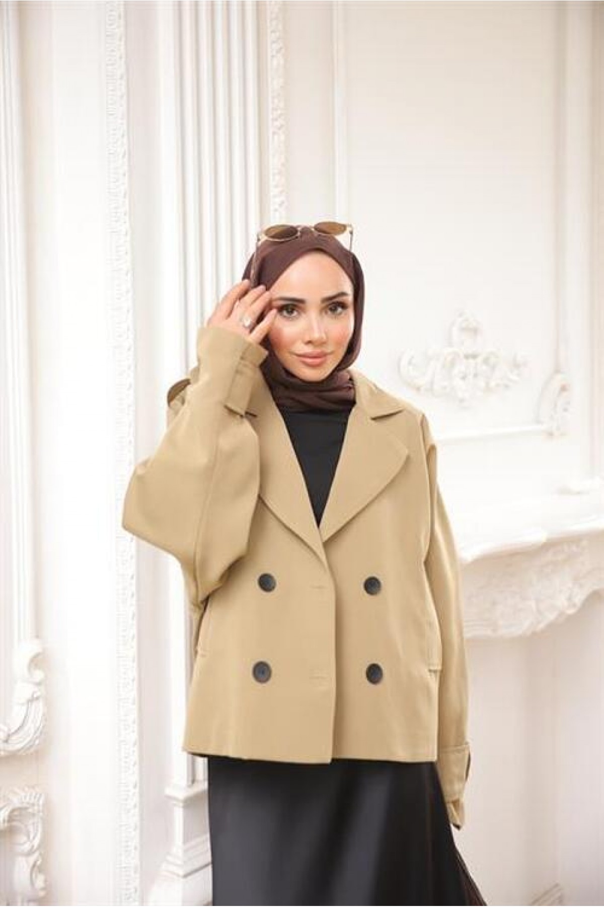 Kruvaze Ceket Yaka Cepli Kısa Trençkot 