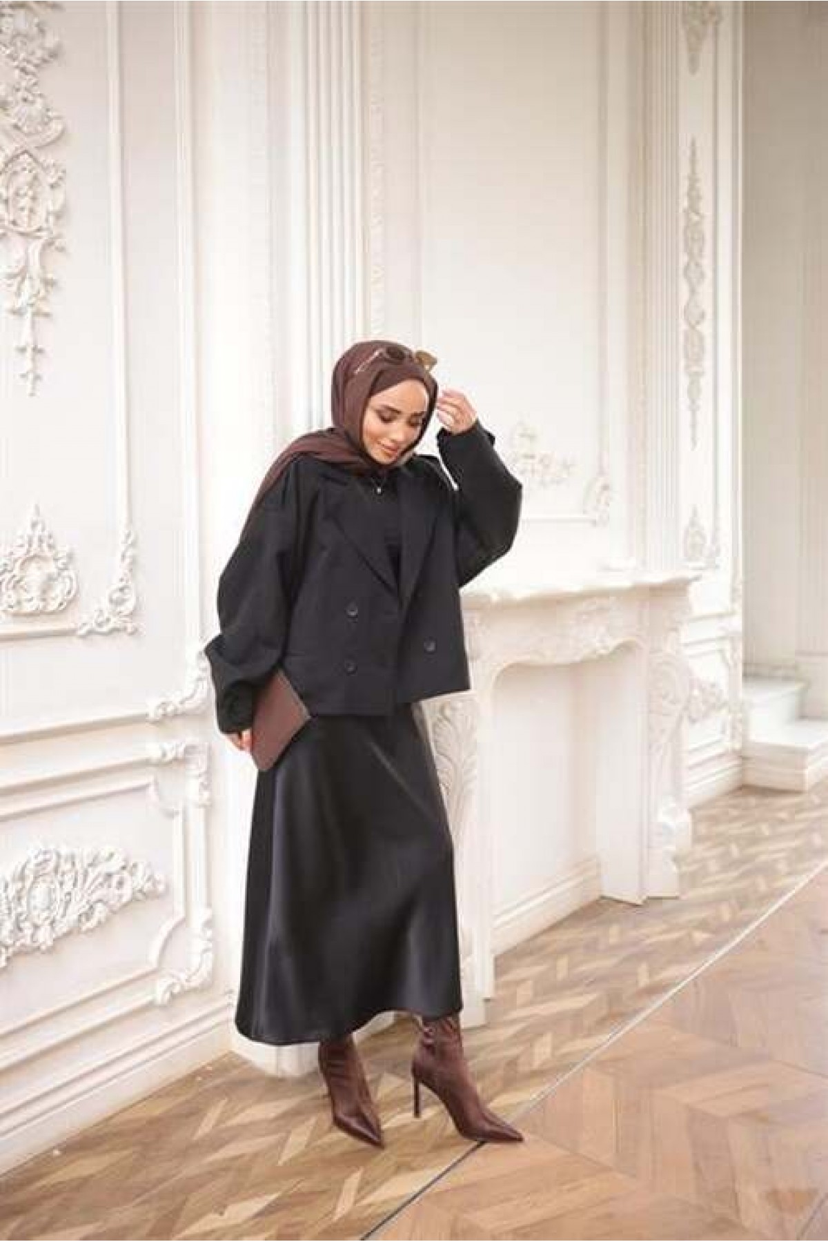 Kruvaze Ceket Yaka Cepli Kısa Trençkot 