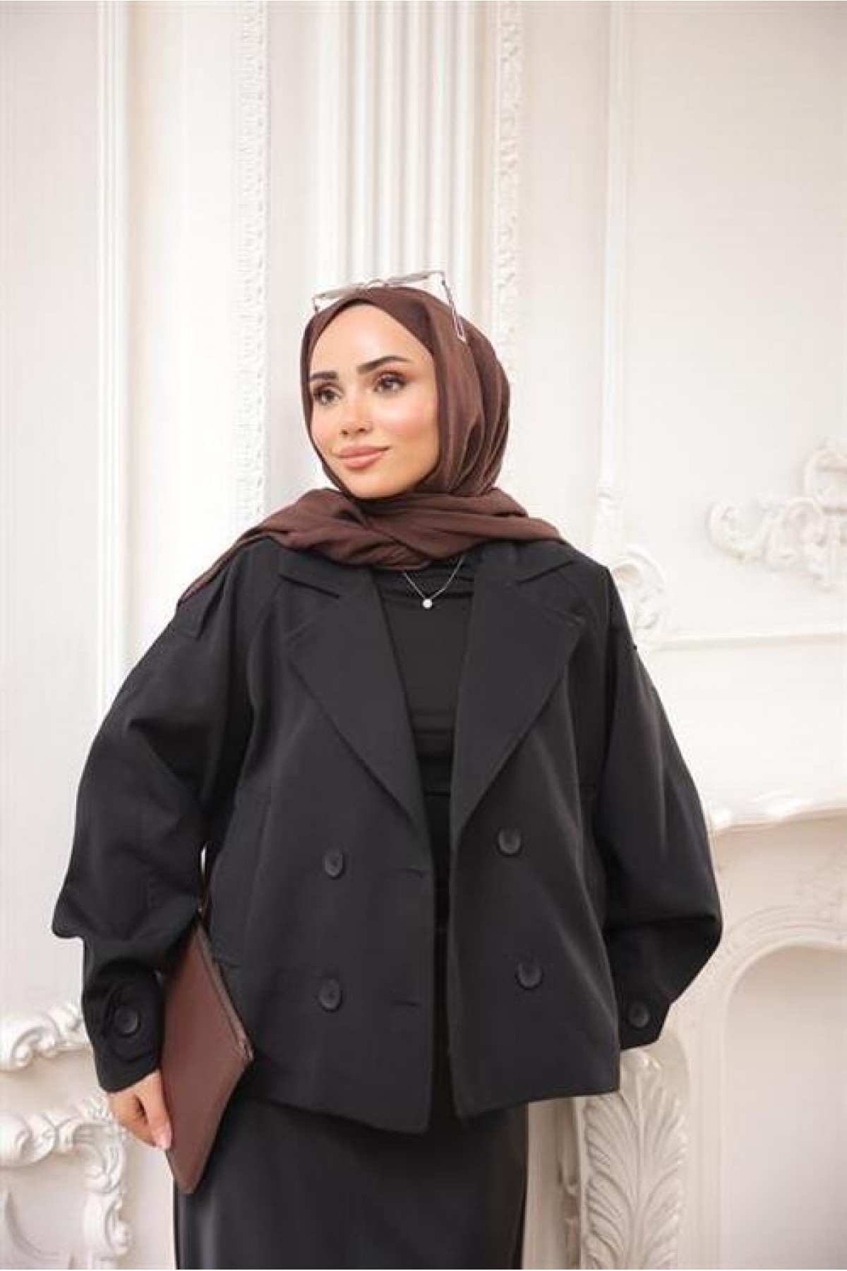 Kruvaze Ceket Yaka Cepli Kısa Trençkot 