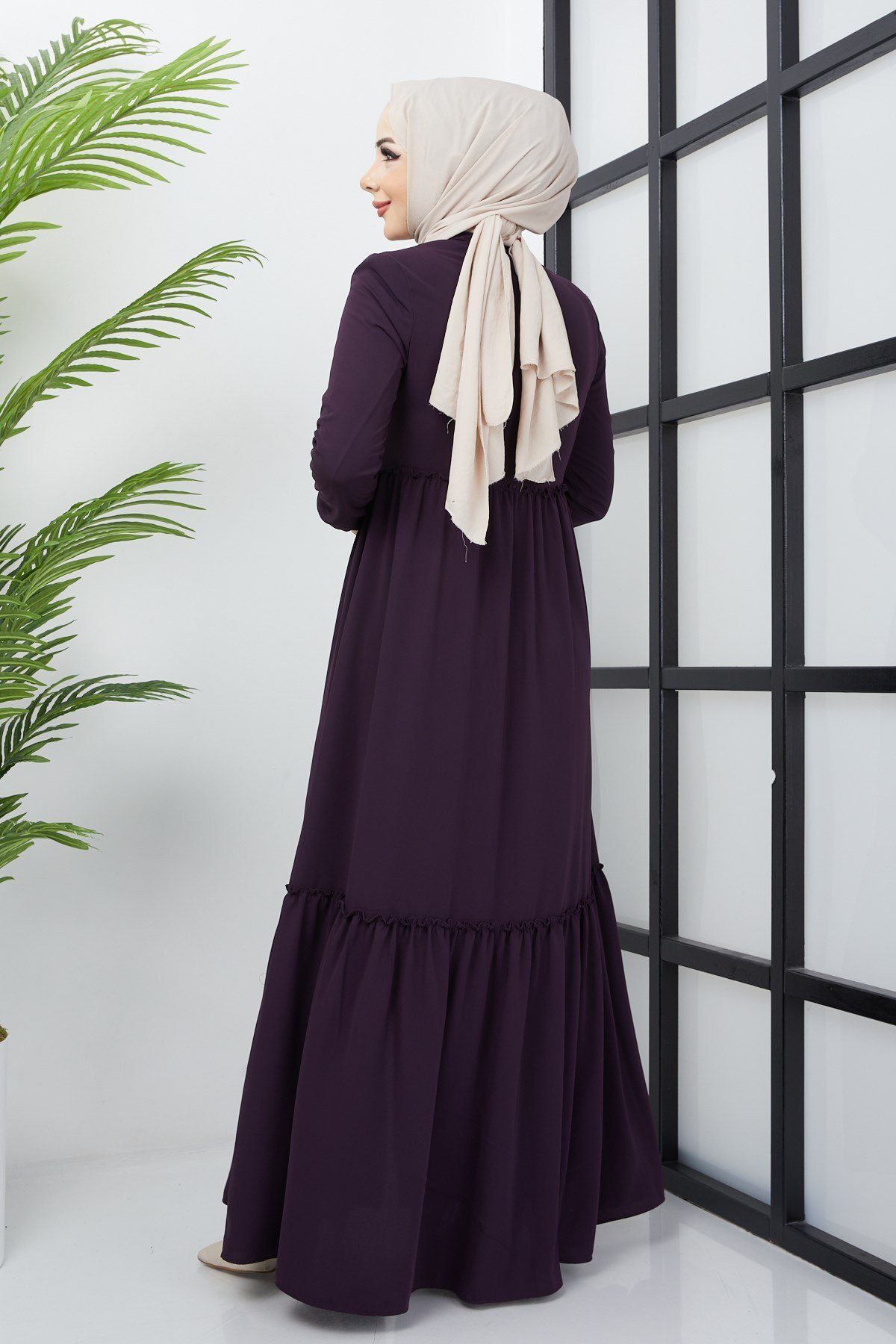 Büzgü Detaylı Mürdüm Ferace 